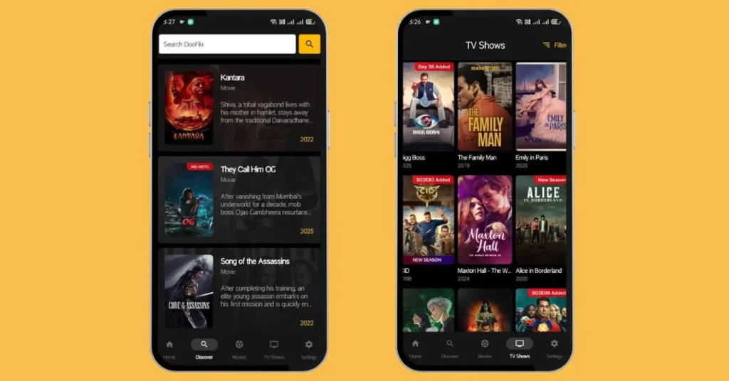 search bar and tv shows section on dooflix apk