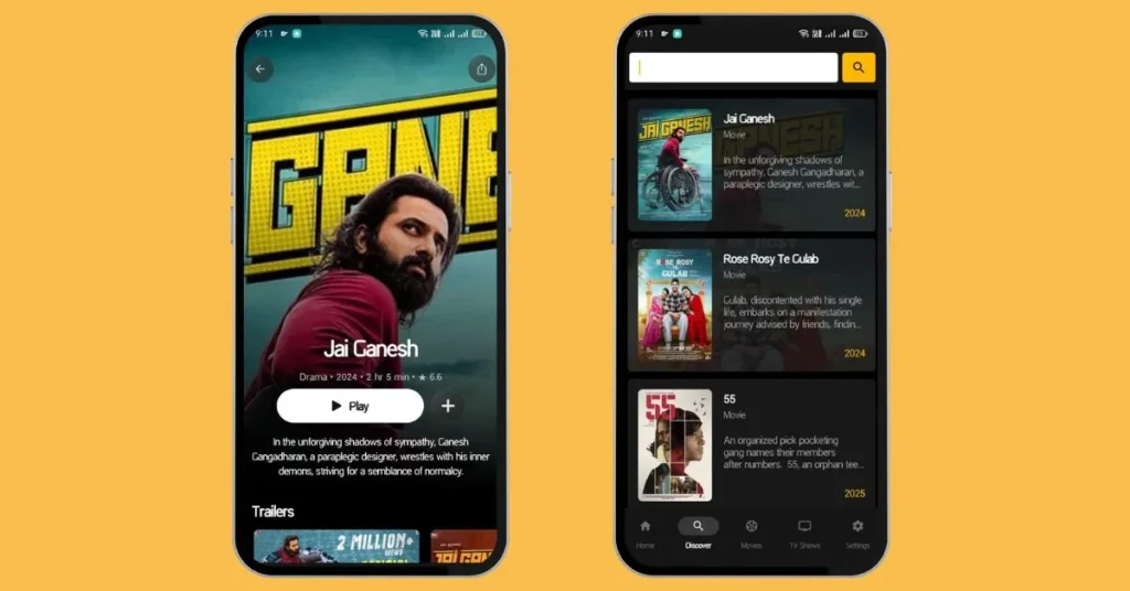 a movie description and search bar section on the application